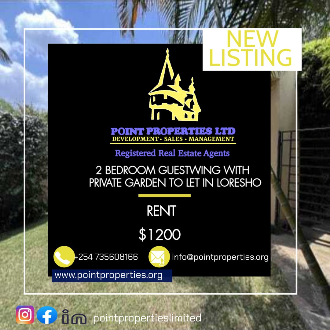 PointPropert254's tweet photo. TO LET

📌 Loresho, Kibagare

2 bedroom guest wing with private garden. 

$1200

Call;0735608166

(Arsenal 
 Rigathi Gachagua 
 Amorim
 UDA Town Hall
 Neymar 
 Marcus Rashford) https://t.co/NNLgqfs3Y1