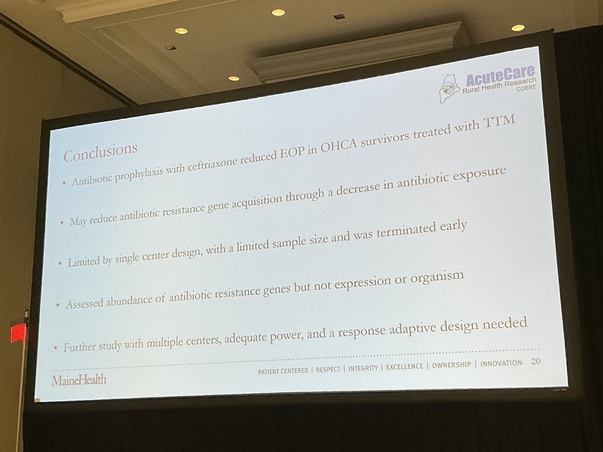 Tommaso Scquizzato, MD (@tscquizzato) on Twitter photo Ceftriaxone 2 gm IV q12h for 3 days vs. matching placebo reduced early-onset pneumonia occurring ≤4 days after intubation in OHCA survivors treated with TTM and may reduce antibiotic resistance gene acquisition through a decrease in antibiotic exposure
#ReSS24 <a href="/AHAScience/">AHA Science</a> Ceftriaxone 2 gm IV q12h for 3 days vs. matching placebo reduced early-onset pneumonia occurring ≤4 days after intubation in OHCA survivors treated with TTM and may reduce antibiotic resistance gene acquisition through a decrease in antibiotic exposure
#ReSS24 <a href="/AHAScience/">AHA Science</a>