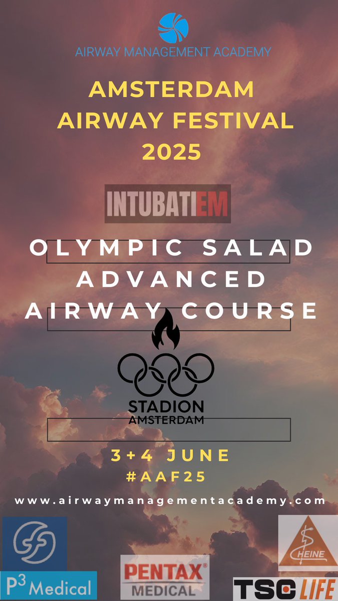 📣Registration open for:

Amsterdam Airway Festival 2025 

1-4 June at iconic Olympic Stadium

For all airway enthusiasts

Masterclasses, airway escape room, prehospital, advanced airway courses, SALAD, teach the airway teacher course. 

Courses sell out quickly, book your course