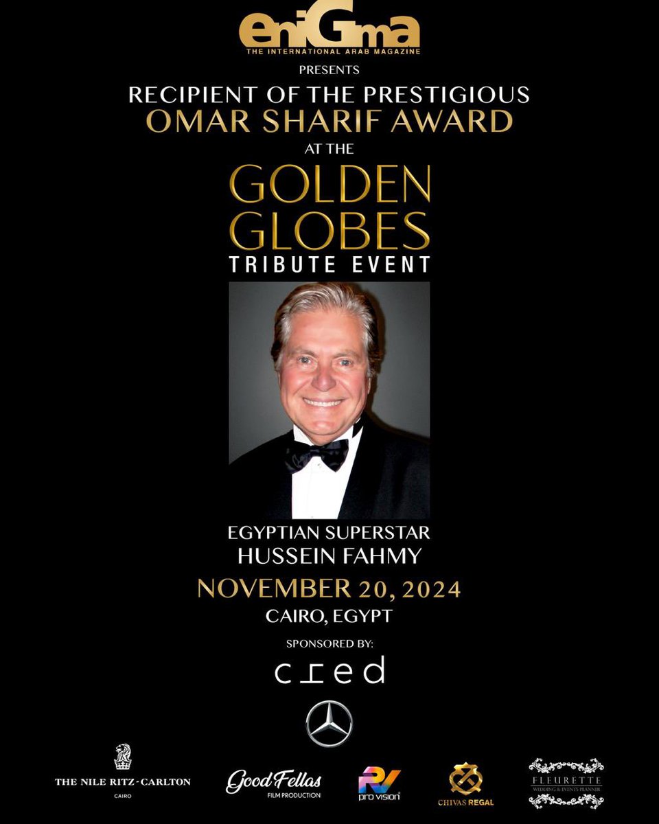 EnigmaMagazine's tweet photo. #EnigmaMagazine, in partnership with the @GoldenGlobes, is proud to announce that the iconic Egyptian superstar Hussien Fahmi will be one of the recipients of the Omar Sharif Award, to be presented at the Golden Globes Tribute event in Cairo! https://t.co/8hkWQ00USC