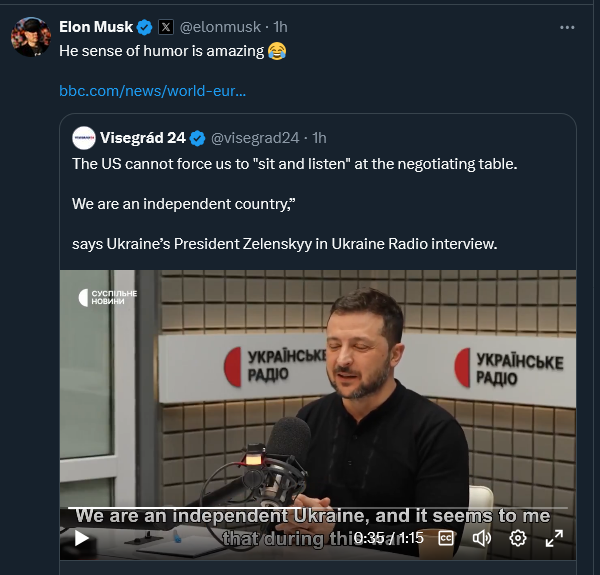 🇺🇸🇺🇦L'Ukraine est souveraine et peut continuer à combattre si elle le souhaite.

La question c'est de savoir si elle est capable de le faire sur le long terme sans l'aide militaire des États-Unis. Elon Musk manque de respect à des millions d'Ukrainiens en se moquant de leur