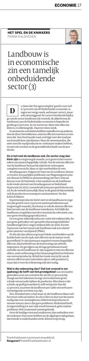 De Argumentenfabriek (@fabriekstweet) on Twitter photo De schade die de landbouw veroorzaakt, is misschien wel groter dan de bijdrage van deze bedrijfstak aan de economie. Daarmee is de landbouw per saldo een welvaartsvernietigende activiteit, stelt <a href="/FrankKalshoven/">Frank Kalshoven</a>. Nederland heeft géén ruimteprobleem. Wel: irrationeel ruimtegebruik. De schade die de landbouw veroorzaakt, is misschien wel groter dan de bijdrage van deze bedrijfstak aan de economie. Daarmee is de landbouw per saldo een welvaartsvernietigende activiteit, stelt <a href="/FrankKalshoven/">Frank Kalshoven</a>. Nederland heeft géén ruimteprobleem. Wel: irrationeel ruimtegebruik.