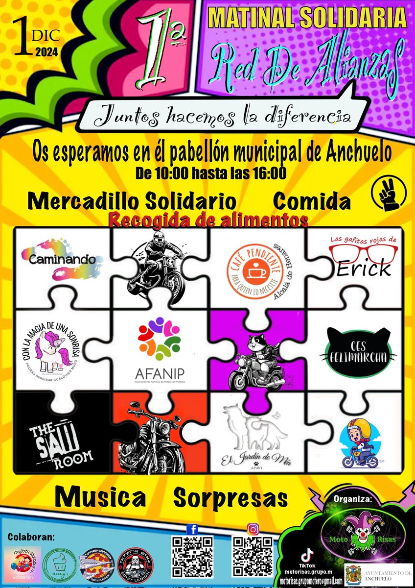 ¡Hola a todos! Quería contaros que nuestro grupo motero y yo hemos organizado una matinal en un pueblo de Madrid para dar voz a varias asociaciones pequeñas que necesitan difusión. Será el próximo 1 de diciembre en Anchuelo, Madrid. ¿Me ayudáis a difundir? Pls 🫰🏻💚💜🤡
