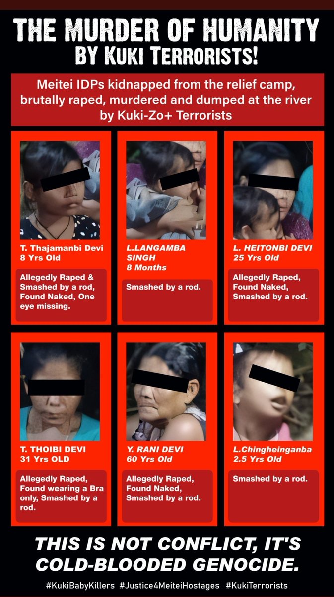 VladAdiReturns's tweet photo. Christian #KukiTerrorists have  brutally beaten &amp; g@ng-r@p€d a 8-year old Hindu girl until her pelvic bones broke &amp; gouged out her eyes

2)  #Manipur Govt. has banned internet in

#Justice4MeiteiHostages
#JaagoHinduJaago
#BatogeToKatoge
@AbhijitChavda @NCWIndia @PriyankKanoongo https://t.co/TwyHi4uVKY