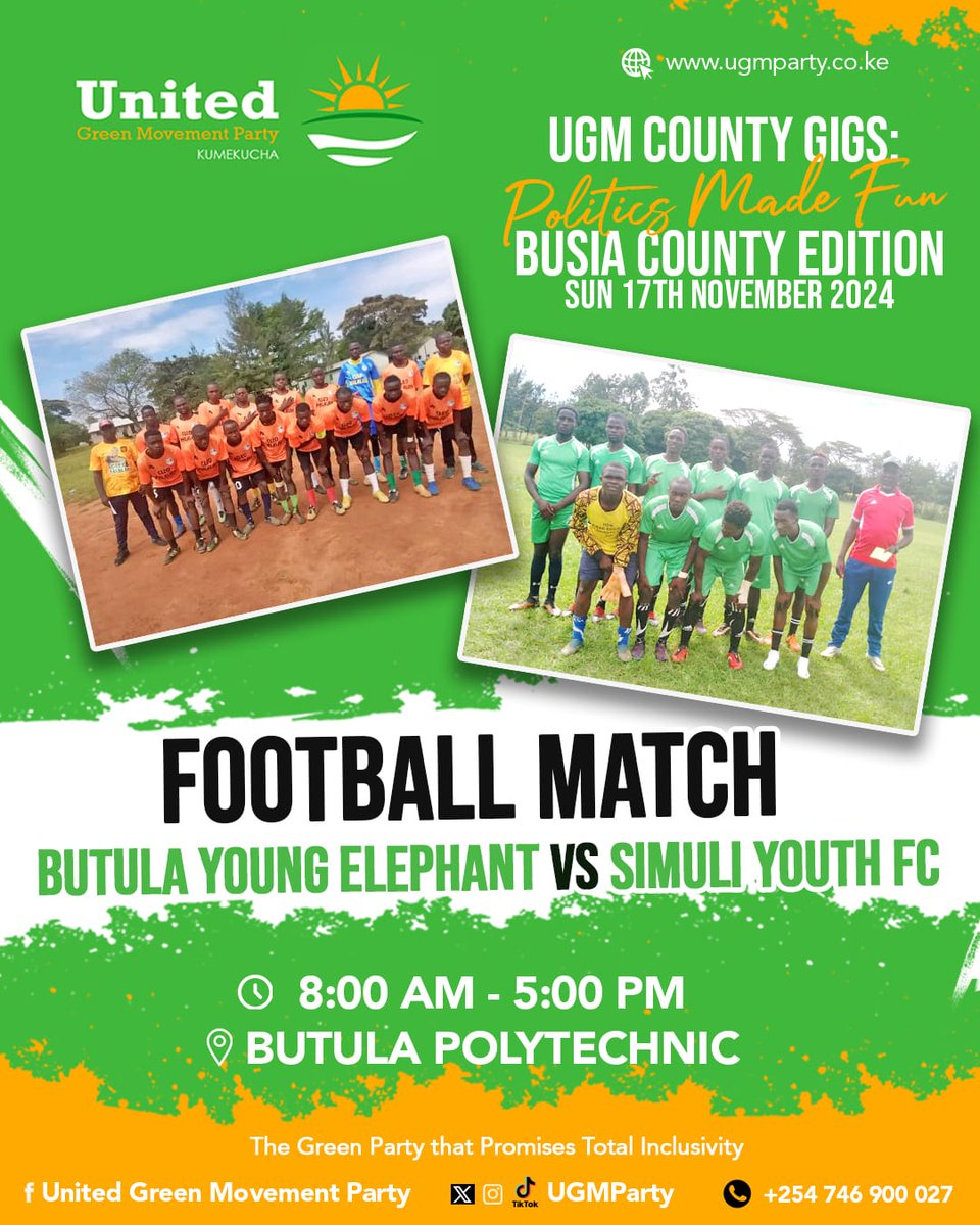 United Green Movement (@ugmparty) on Twitter photo ⚽ All roads lead to Butula Polytechnic Grounds, Busia County tomorrow!
Don’t miss the football showdown between Simuli FC & Butula Young Elephant Team FC!
Come for the game, stay for the fun, music, & meaningful political engagement.
See you there!
<a href="/Brenda_Ongalo/">Achieng' Ongalo</a>
#UGMParty ⚽ All roads lead to Butula Polytechnic Grounds, Busia County tomorrow!
Don’t miss the football showdown between Simuli FC & Butula Young Elephant Team FC!
Come for the game, stay for the fun, music, & meaningful political engagement.
See you there!
<a href="/Brenda_Ongalo/">Achieng' Ongalo</a>
#UGMParty