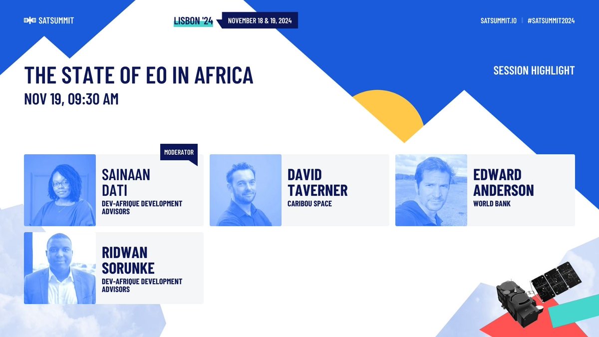 SESSION HIGHLIGHT
The panel will discuss the state of geospatial in Africa, the challenges of accessing and applying earth data to some of the critical climate challenges the continent is facing. What do we need to do as a sector to facilitate adoption?

satsummit.io/2024-lisbon/ag…