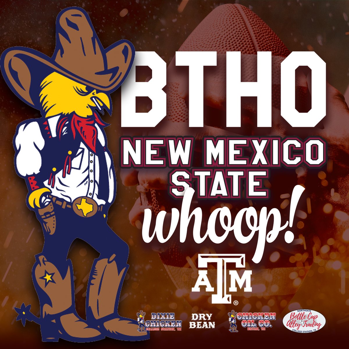 BottleCapAlley's tweet photo. Gameday at 𝐇𝐨𝐦𝐞. 👍🏻
⌚️ 6:45 PM CT
📺 SEC Network
📍 Kyle Field 

BTHO New Mexico State!  WHOOP!

#gameday #traditionstartshere #keepnorthgatenorthgate #bthonewmexicostate https://t.co/pUYMaBs4cb