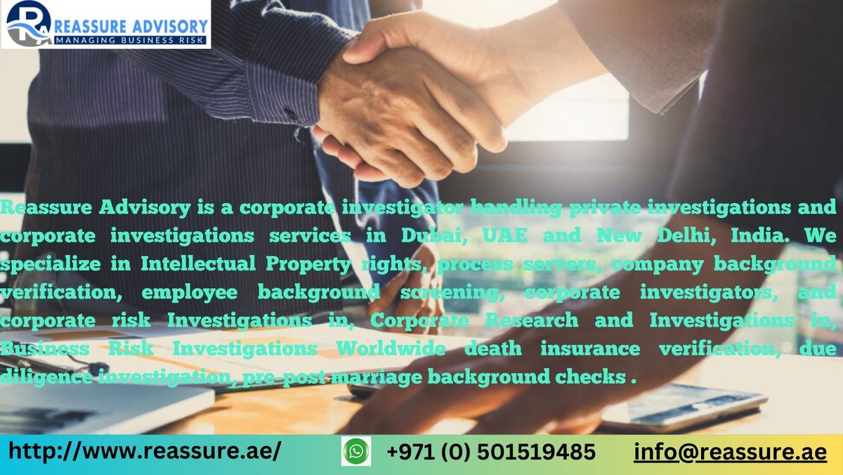 ReAssure_Dubai's tweet photo. Secure Your Business! Reassure Advisory provides expert corporate investigation services & risk management solutions in Dubai & Sharjah. Trust our expertise.
https://t.co/swuLhzDb5i
#insuranceclaims #claims #Verifications,#employmentverification #corporate #uae
#dubai https://t.co/TJ71oKq97t