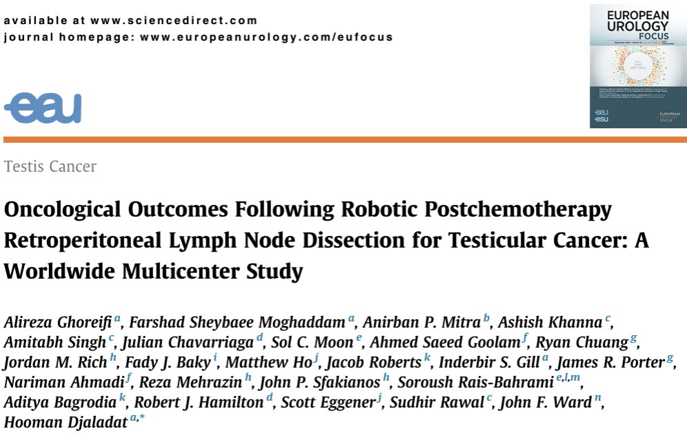 Alireza Ghoreifi, MD (@alirezaghoreifi) on Twitter photo Delighted to share our new paper on rob PC-RPLND
🏥11 centers > 173 pts
🤖4% conversion rate: higher after salvage chemo and mass>5cm
🩸EBL 100, LOS 2d
➡️median FU 22mo: 8 recur (3 in-field)
↗️4yr RFS 93%
<a href="/Hoomandjaladat/">Dr. Hooman Djaladat</a> <a href="/EurUrolFocus/">Eur Urol Focus</a> <a href="/USC_Urology/">USC Urology</a>
🔗authors.elsevier.com/c/1k6ci8Yy0LUa… Delighted to share our new paper on rob PC-RPLND
🏥11 centers > 173 pts
🤖4% conversion rate: higher after salvage chemo and mass>5cm
🩸EBL 100, LOS 2d
➡️median FU 22mo: 8 recur (3 in-field)
↗️4yr RFS 93%
<a href="/Hoomandjaladat/">Dr. Hooman Djaladat</a> <a href="/EurUrolFocus/">Eur Urol Focus</a> <a href="/USC_Urology/">USC Urology</a>
🔗authors.elsevier.com/c/1k6ci8Yy0LUa…