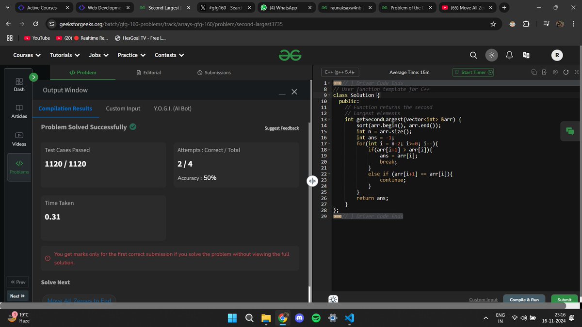 raunakcode's tweet image. Day 1/160
Completed todays problems. 
#gfg160 #geekstreak2024