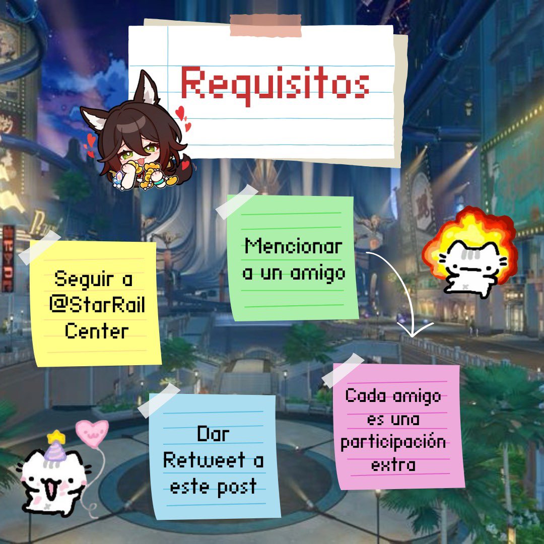 ¡Star Rail Center! (@starrailcenter) on Twitter photo 🔔 ¡SORTEO DE 2 PASES DE SUMINISTROS!
De nuevo un sorteo de 2 pases de suministros + 1 adicional si llegamos a 4.200 seguidores 😳
Requisitos:
- Seguir a <a href="/StarRailCenter/">¡Star Rail Center!</a>.
- Dar retweet a este post.
- Mencionar a un amigo (por cada amigo mencionado una participación extra) 🔔 ¡SORTEO DE 2 PASES DE SUMINISTROS!
De nuevo un sorteo de 2 pases de suministros + 1 adicional si llegamos a 4.200 seguidores 😳
Requisitos:
- Seguir a <a href="/StarRailCenter/">¡Star Rail Center!</a>.
- Dar retweet a este post.
- Mencionar a un amigo (por cada amigo mencionado una participación extra)