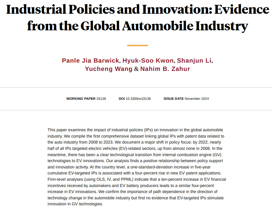 Examining the impact of industrial policies on innovation in a global automobile industry, from Panle Jia Barwick, Hyuk-Soo Kwon, Shanjun Li, <a href="/YuchengWang20/">Yucheng Wang</a>, and Nahim B. Zahur nber.org/papers/w33138