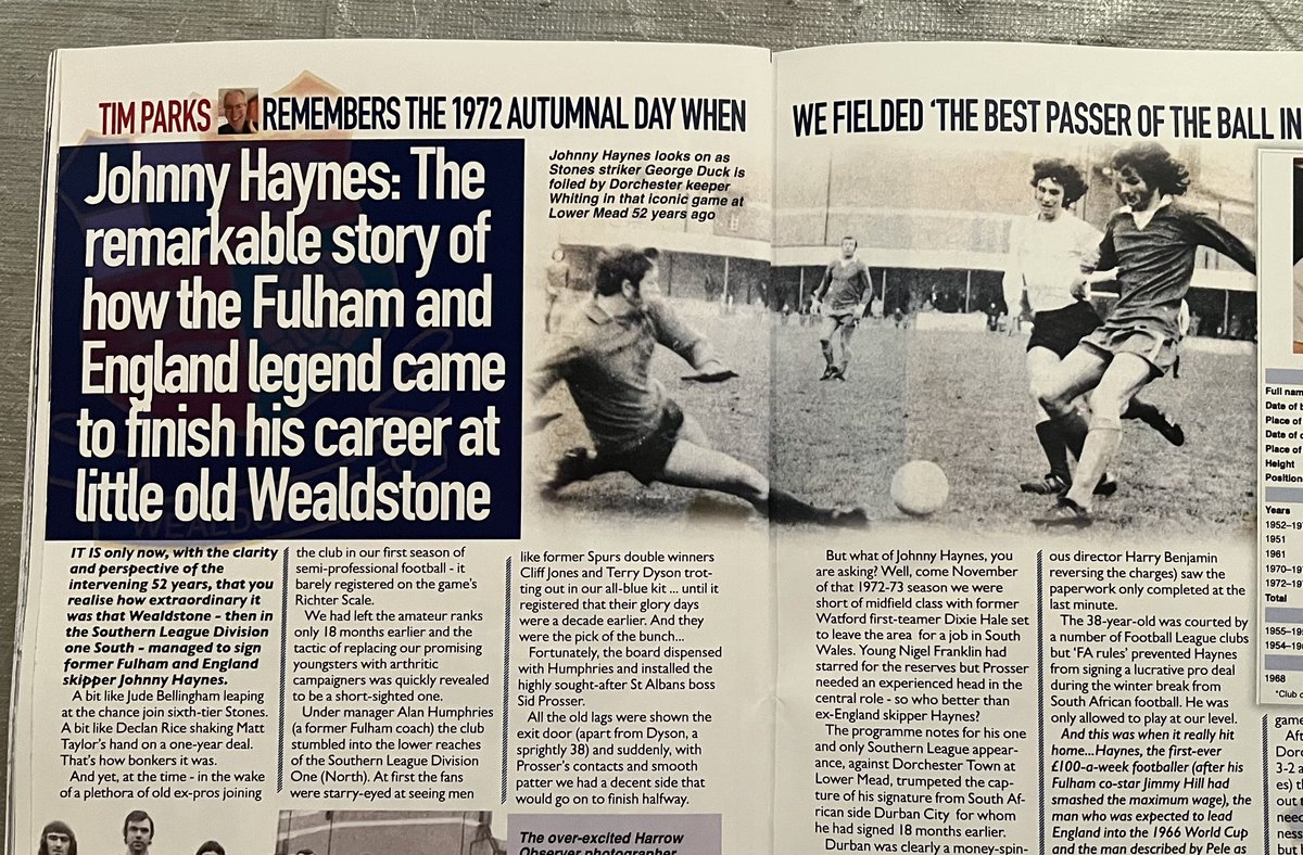 Another cracking <a href="/WealdstoneProg/">Wealdstone Programme</a> for today’s <a href="/WealdstoneFC/">Wealdstone FC</a> match against Rochdale. <a href="/ElmslieEnder/">Sudhir Rawal</a> on ‘three wins &amp; a draw’, a young and dedicated ’Fan in the Stand’ and <a href="/timparks3/">Tim Parks</a> on Johnny Haynes (my Dad’s favourite footballer). Thank you <a href="/MarkHyde13/">Mark Hyde</a> and all involved. UTS!