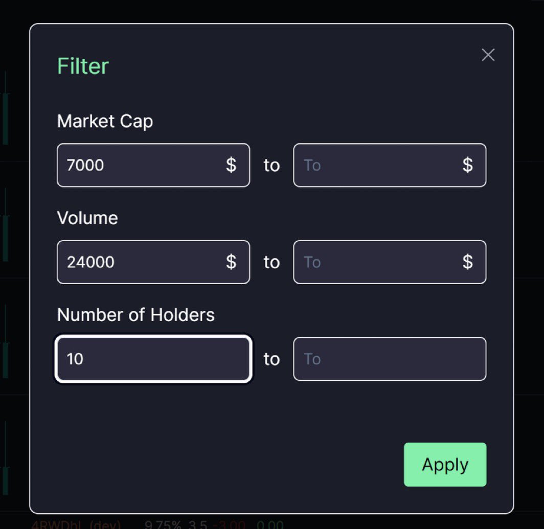 IDwal777's tweet photo. Setting up PumpFun filters.

I use filters that have been proven over time on other platforms.

➤ Volume: $2400+
➤ MC: $7000+
➤ Holders: 10+ https://t.co/WDdZXYWOGF