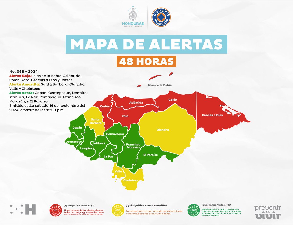 copecogob's tweet photo. 🚨 COPECO extiende Alerta Roja para seis departamentos, cuatro en Amarilla y el resto del país continúa en verde 🚨 https://t.co/UCH48wSjrL