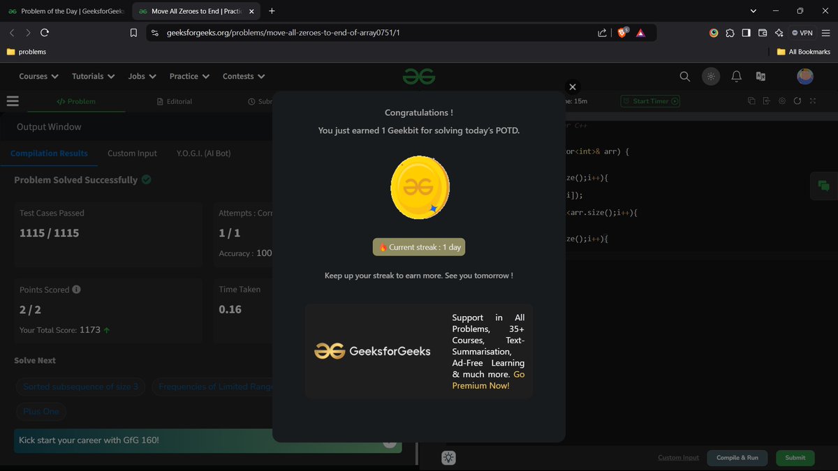 I am Excited To Participate In GFG 160 Days Of Problem Solving . and Will Maintain a Streak of 160 Days.
Thanks <a href="/geeksforgeeks/">GeeksforGeeks | Learn to Code</a> For Such Initiative
Day 1:  Move All Zeroes to End(solved)
#gfg160 #geekstreak2024