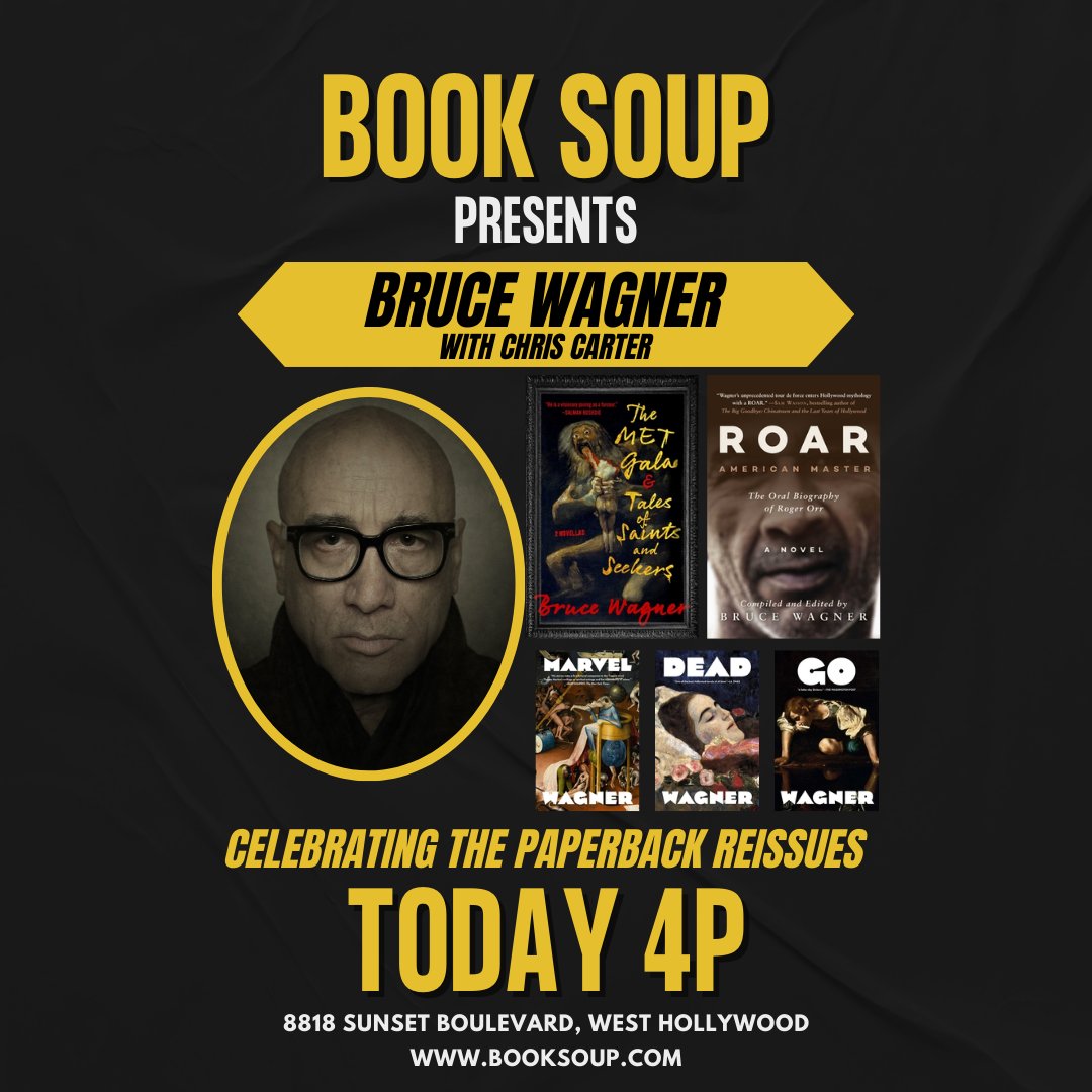 TODAY at 4PM #BruceWagner, in conversation with #ChrisCarter, discusses the paperback re-issue of his classic novels! Join us!

Event details here: booksoup.com/event/bruce-wa…

#booksoup #bookevent #bookstore #booksigning #indiebookstore #weho