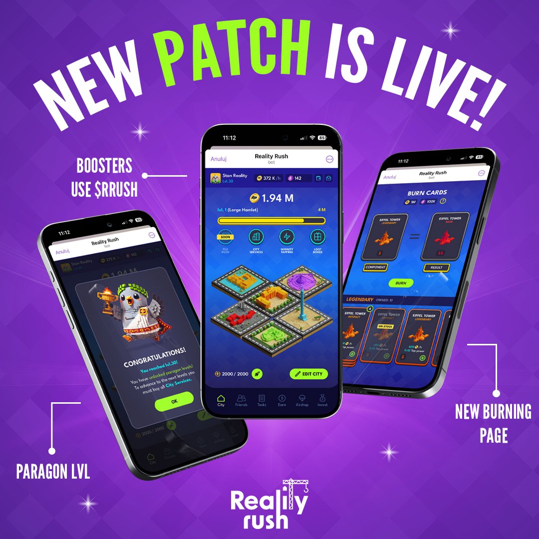 🚀 Reality Rush v1.0 is Live! 🚀

🦾 Artifact &amp; Titan are live!
🔥 Burn Legendary Buildings: Upgrade to higher tiers and earn lootboxes with special tasks.
🏆 Paragon Levels: Unlock exclusive $RRUSH, NFTs, and bonuses with 10 new tiers.
💸 Boosters Use $RRUSH: Activate with