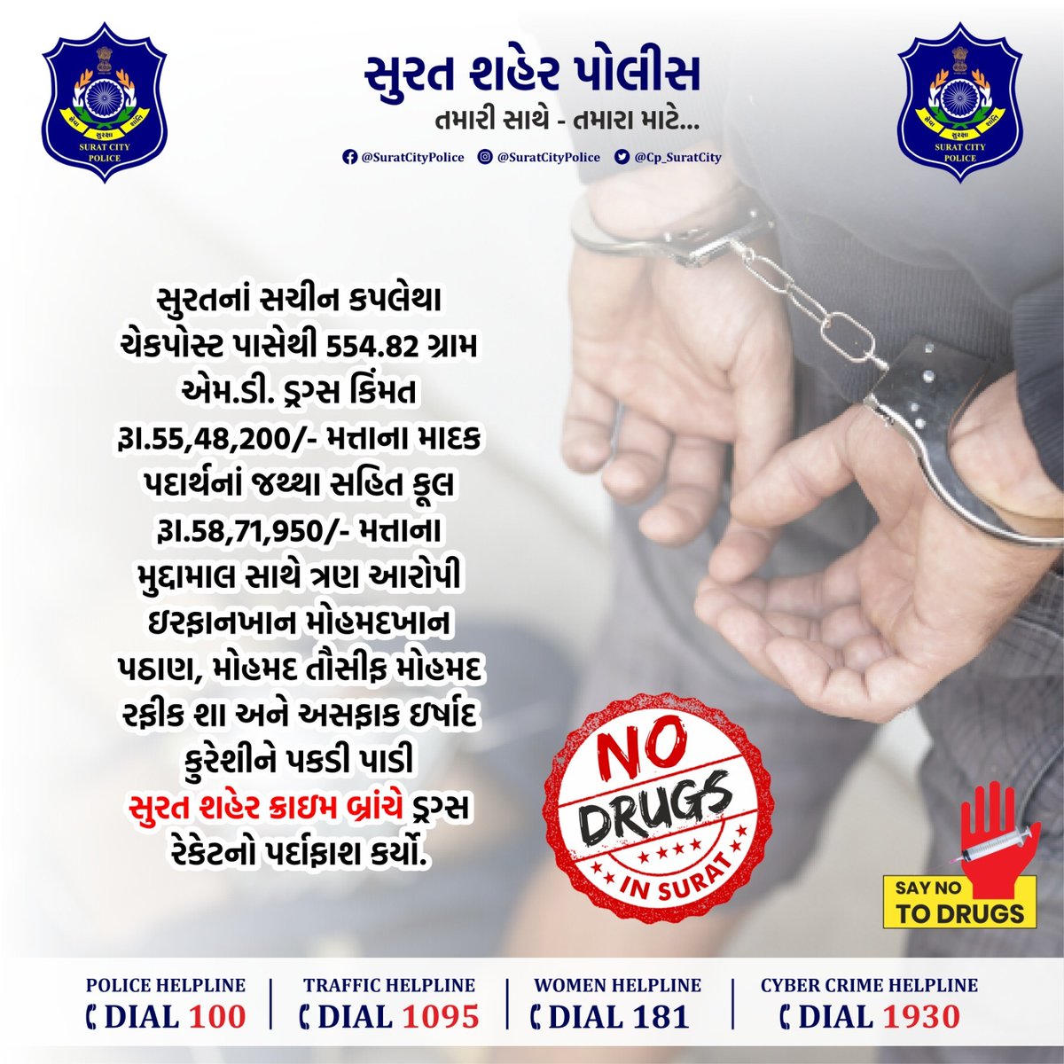 CP_SuratCity's tweet photo. સુરતનાં સચીન કપલેથા ચેકપોસ્ટ પાસેથી 554.82 ગ્રામ એમ.ડી. ડ્રગ્સ કિંમત રૂા.55,48,200/- મત્તાના માદક પદાર્થનાં જથ્થા સહિત કૂલ રૂા.58,71,950/- મત્તાના મુદ્દામાલ સાથે ત્રણ આરોપી ઇરફાનખાન પઠાણ, મોહમદ રફીક શા અને અસફાક કુરેશીને પકડી પાડી સુરત શહેર ક્રાઇમ બ્રાંચે ડ્રગ્સ રેકેટનો પર્દાફાશ. https://t.co/Nn5WlCuDdH