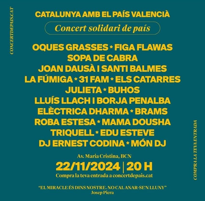 Decidim (@decidim_) on Twitter photo Mai tindrem suficients paraules d'agraïment amb el @concertdepais que han preparat des de l' <a href="/assemblea/">Assemblea Nacional Catalana</a> i <a href="/omnium/">Òmnium Cultural</a>.
La solidaritat és la tendresa dels pobles.
📅 22 de novembre
🕘 20 h
📍Barcelona
🎟 Compra la teua entrada solidària a concertdepais.cat Mai tindrem suficients paraules d'agraïment amb el @concertdepais que han preparat des de l' <a href="/assemblea/">Assemblea Nacional Catalana</a> i <a href="/omnium/">Òmnium Cultural</a>.
La solidaritat és la tendresa dels pobles.
📅 22 de novembre
🕘 20 h
📍Barcelona
🎟 Compra la teua entrada solidària a concertdepais.cat