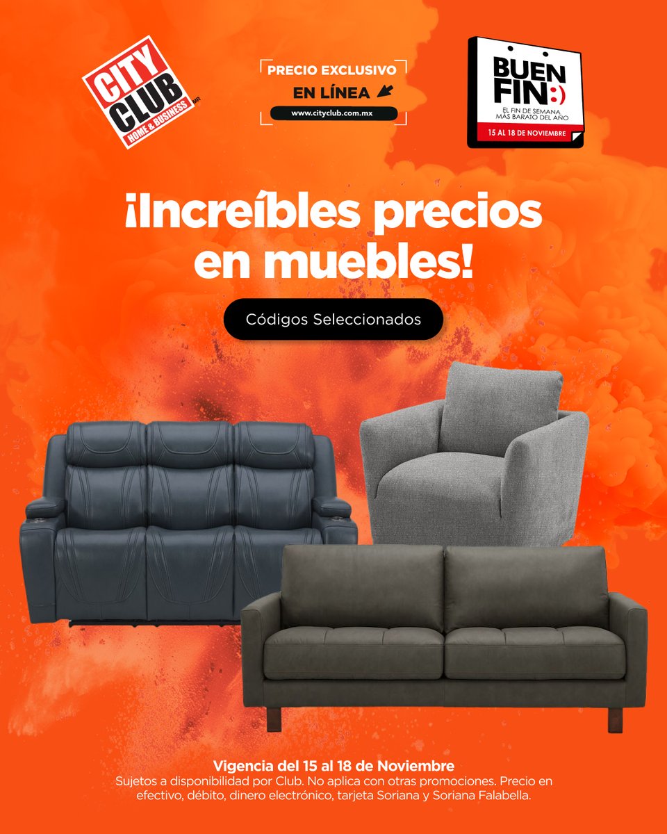 CityClubmx's tweet photo. ¡Nos encantan las compras Online! Por eso, este Buen Fin les traemos precios increíbles en muebles 😁📲 Descúbrelos entrando a nuestra página web.

Utiliza el cupón 𝗘𝗡𝗩𝗜𝗢𝗕𝗙 para envío GRATIS a partir de compra mínima de $1,000 MXN.

#CityClub #MembersChoice #Promociones https://t.co/Wf5Xfu0kiD