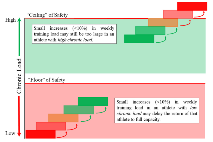 📈HOW MUCH IS TOO MUCH?

🔎El aumento de carga entre MC dependerá mucho del nivel de carga crónica acumulada.
 
⬆️&lt;10 % en la carga del MC en cargas crónicas muy altas.
 ⬆️&gt;10 %probablemente serán bien tolerados por atletas con una carga crónica moderada-baja.

📑Gabbett (2018)