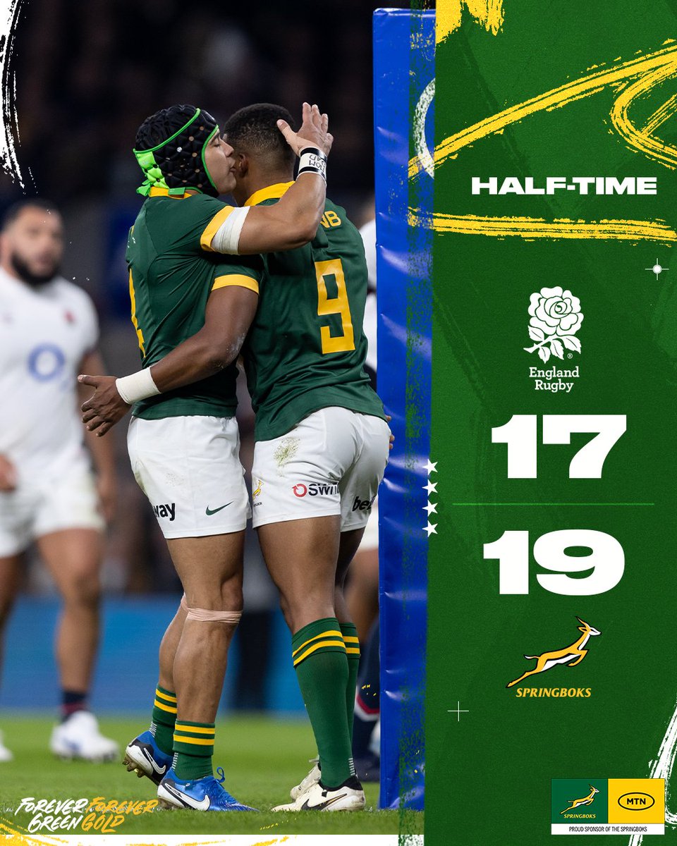 That's half-time in London after an entertaining first half ⏰
#Springboks #ForeverGreenForeverGold #ENGvRSA