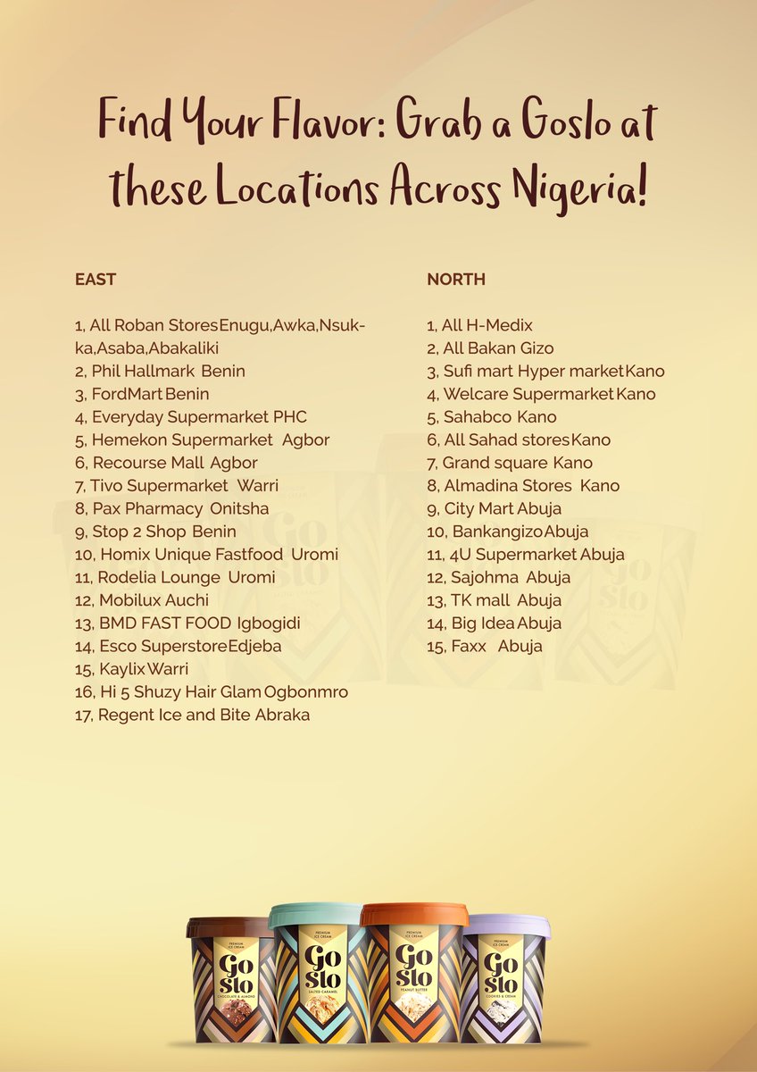 GoSlo_Nig's tweet photo. Find your flavor:Grab a Goslo at these locations across  Nigeria #GoSloXSharon https://t.co/OeSMdrWck8