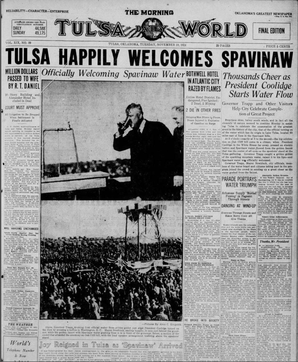 This weekend we are celebrating the centennial of Tulsa’s water supply - a marvel of civil engineering that was such a big deal in 1924 that President Coolidge pressed the button to open the tap! Grateful for the ambition and tenacity of those who made this happen, something that