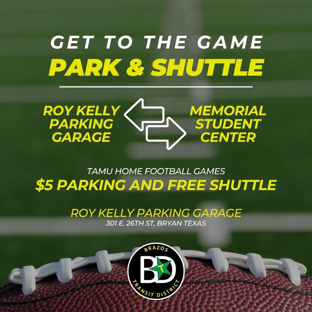 Park for just $5 and catch a FREE shuttle to the game today!! Park, ride, and get ready to BTHO New Mexico St!! 

#GameDay #RoyKellyParkingGarage #DowntownBryan  #BTHONewMexicoSt #BrazosTransitDistrict #TAMUTransportationServices #Bryan #CollegeStation