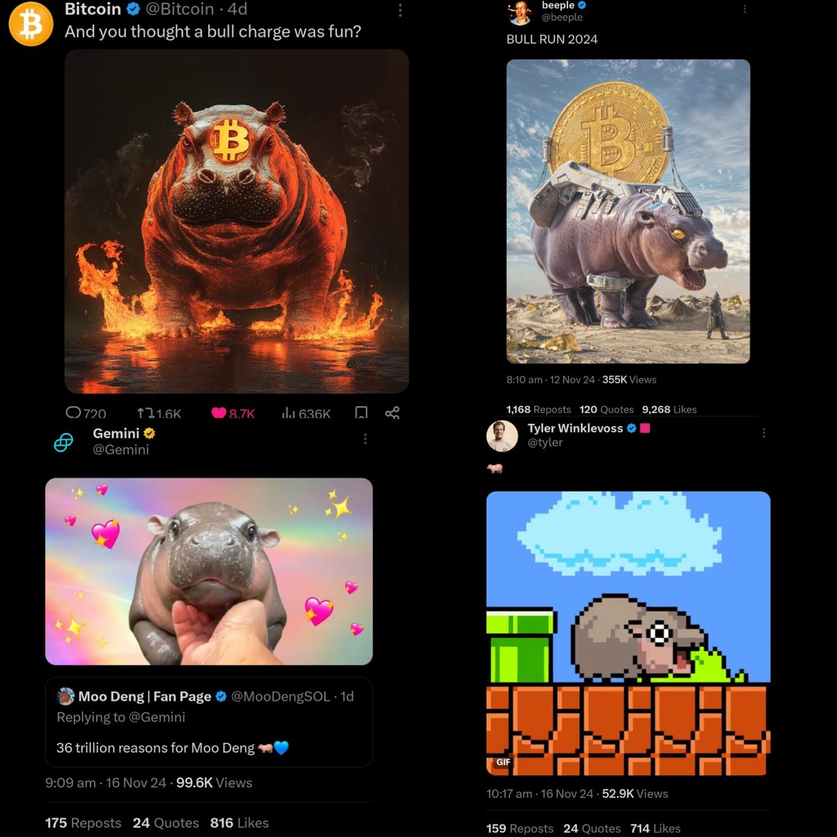 AlteredHiz's tweet photo. The bullrun is here, and we're now seeing the meme lords reveal their plans with listings and hard shills.
If it's not obvious by now, then I'm not sure how much more confirmation you need. 
You've had ample time. 
The majority of CT is fixated with charts talking of holder distribution and things like cult like community and unit bias. 
Unit bias is a dead argument imo, you only have to look at the onchain volume of Solana to clearly see that that is where majority of trading is taking place, and people will adapt to the PF token supply. 
They're missing what l believe to be the biggest metric, adoption risk. Exchanges have now taken the forefront with listings on coins that they believe will be sort after as we go higher. It's important to take note of what's being listed and what's being shilled by big 1m + accounts such as exchange founders etc. These are the kingmakers who are going to put your coin in front of the masses, and they're going to list coins in which they think will be adopted by retail. 
Retail want what they love and know, what's viral, what's trending, what's all over their TikTok and IG feed, it's as simple as that. 
Don't over complicate it, and the most glaringly obvious coin has been staring at you in the face the whole time.

#moodeng 
@MooDengSOL