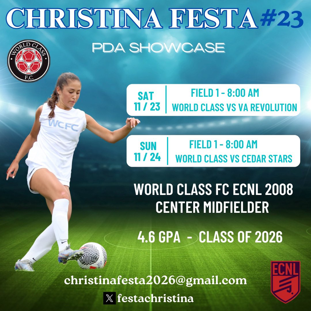 Christina Festa 2026 (@festachristina) on Twitter photo One week until the PDA Showcase! Coaches - I hope to see you on our sidelines! Please see my schedule below.
<a href="/WCFC08ECNL/">WCFC08ECNL</a> <a href="/ImYouthSoccer/">ECNL/GA/Recruiting/College Soccer</a> <a href="/TopDrawerSoccer/">TopDrawerSoccer</a> <a href="/PrepSoccer/">Prep Soccer ⚽️</a> <a href="/ImCollegeSoccer/">College Soccer Truth ™</a> <a href="/TheSoccerWire/">SoccerWire</a> <a href="/ECNLgirls/">ECNL Girls</a> One week until the PDA Showcase! Coaches - I hope to see you on our sidelines! Please see my schedule below.
<a href="/WCFC08ECNL/">WCFC08ECNL</a> <a href="/ImYouthSoccer/">ECNL/GA/Recruiting/College Soccer</a> <a href="/TopDrawerSoccer/">TopDrawerSoccer</a> <a href="/PrepSoccer/">Prep Soccer ⚽️</a> <a href="/ImCollegeSoccer/">College Soccer Truth ™</a> <a href="/TheSoccerWire/">SoccerWire</a> <a href="/ECNLgirls/">ECNL Girls</a>