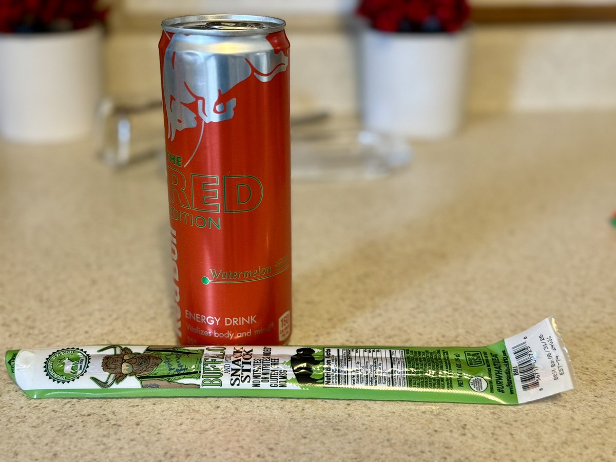 “The water buffalo” watermelon Red Bull with a buffalo meat stick