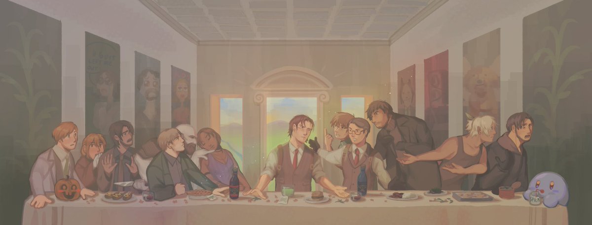 Ricattart's tweet image. The last supper commission for @SirBeefSirlion and @0atmealSandwich idk what hashtags to put too many fandoms lol