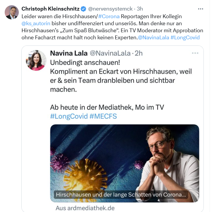 Christoph Kleinschnitz ist es gewohnt, ohne Daten zu urteilen. So auch über die neuste #Hirschhausen-Doku, ohne sie gesehen zu haben.

Wo er aber Recht hat: 
In einer früheren Folge trat tatsächlich ein unseriöser "Experte" auf: <a href="/nervensystemck/">NervensystemCheck</a>.