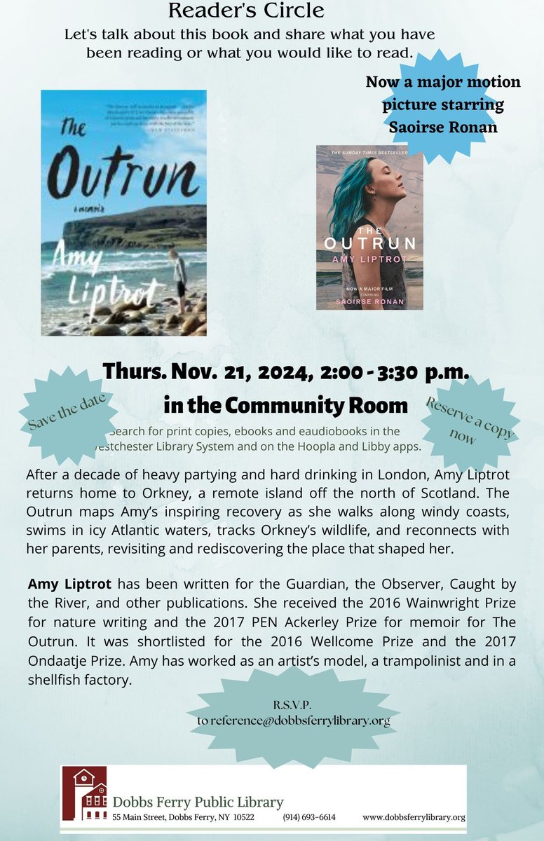 Dobbs Ferry Public Library (@dobbsferrylib) on Twitter photo Come to Reader's Circle TODAY at 2-3:30pm!
This month we're reading “The Outrun" by Amy Liptrot. Get the book here:  opac.westchesterlibraries.org/GroupedWork/89…  
#readerscircle #bookgroup #bookdiscussion #amyliptrot #theoutrun Come to Reader's Circle TODAY at 2-3:30pm!
This month we're reading “The Outrun" by Amy Liptrot. Get the book here:  opac.westchesterlibraries.org/GroupedWork/89…  
#readerscircle #bookgroup #bookdiscussion #amyliptrot #theoutrun