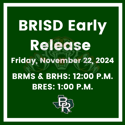 In order to accommodate travel for multiple extracurricular activities, including the Area Football Playoff Game, Blue Ridge ISD will be releasing early on Friday, November 22nd. BRMS &amp; BRHS will release at 12:00 p.m. followed by BRES at 1:00 p.m.