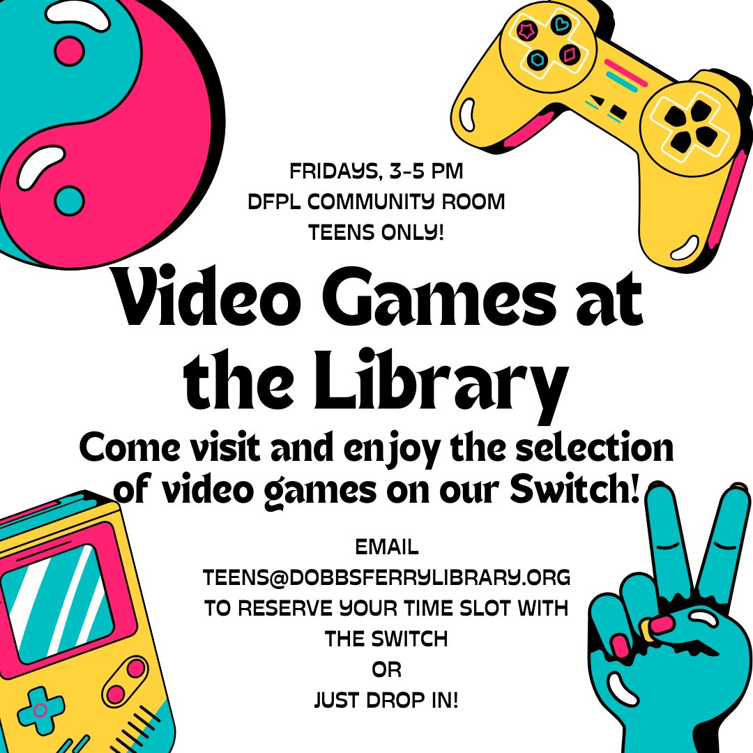 Dobbs Ferry Public Library (@dobbsferrylib) on Twitter photo Teens: visit  the community room on Friday afternoons from 3-5pm & play any of the  wide selection of single & multi-player games on the library's  Switch!
Drop in or email teens@dobbsferrylibrary.org to reserve a time slot.
#nintendoswitch #switch #teens #videogames Teens: visit  the community room on Friday afternoons from 3-5pm & play any of the  wide selection of single & multi-player games on the library's  Switch!
Drop in or email teens@dobbsferrylibrary.org to reserve a time slot.
#nintendoswitch #switch #teens #videogames