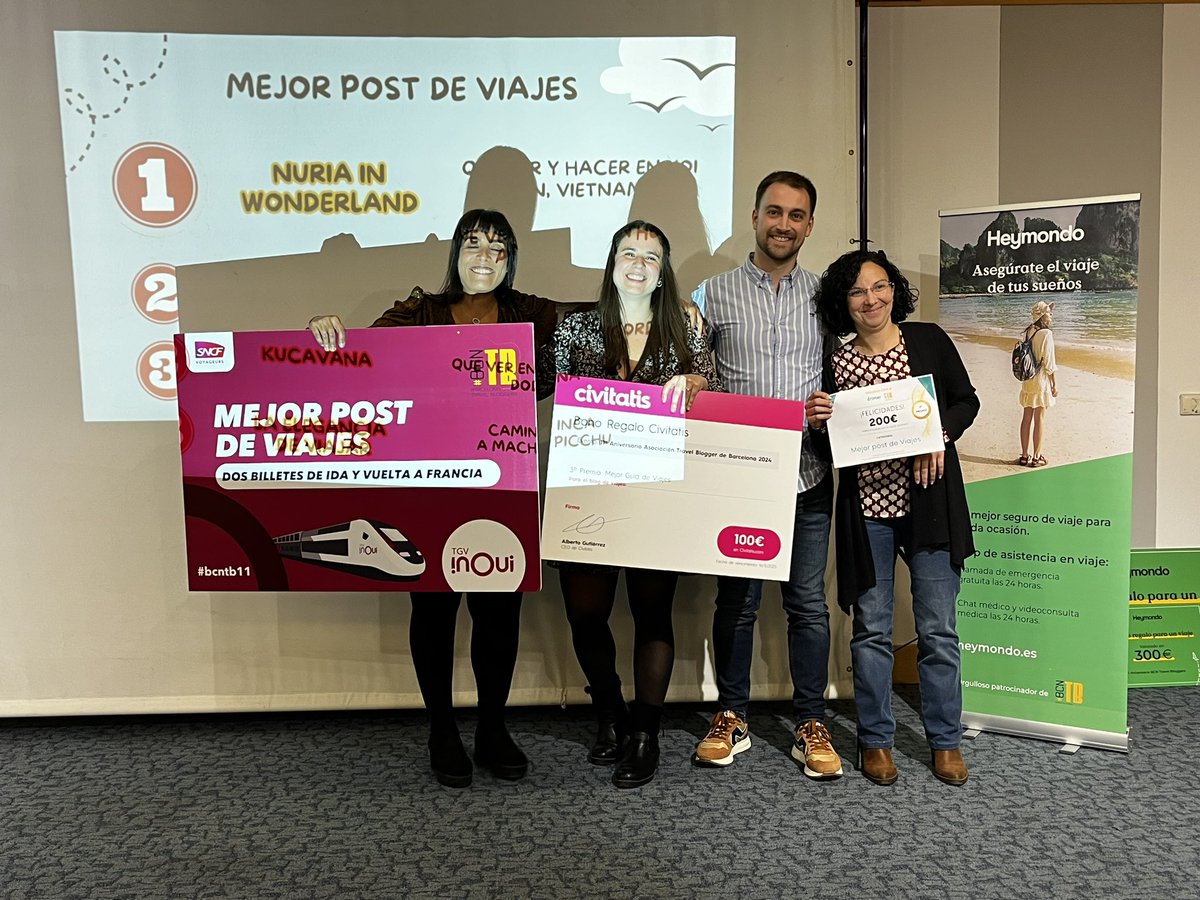 bcnTB's tweet photo. Los premios con B al Mejor Post de Viajes
1er 🏆 @Nuriainwonderl1
@tgvinoui_esp
2º 🏆 @kucavana
Drimmer
3º 🏆 @eleganciaviajar
@civitatis
#BCNTB11 #InCambrils2024 #Cambrils
#PremiosConB https://t.co/Sua0heWe2z