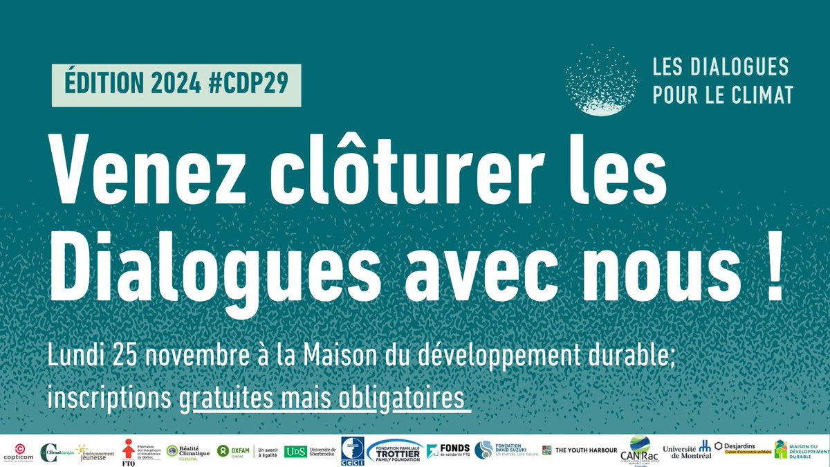 📢 Rejoignez nous à la <a href="/Maison/">Ma(i)son</a> du développement durable de Montréal pour notre évènement de clôture des #DialoguesClimat2024 ! 

⚠️ Inscription obligatoire, mais gratuite: forms.gle/kL3DrUyZDgoqHH… ⚠️
