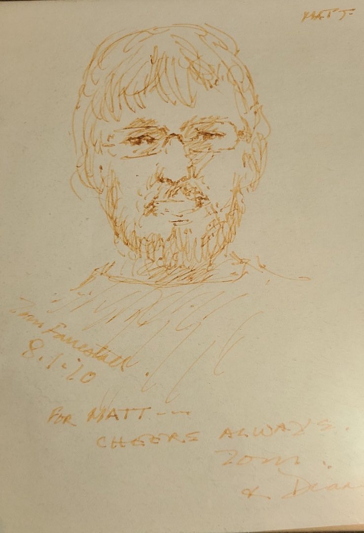 Very sad to hear the news of Tom Forrestall’s passing. He sketched this of me one night at the bar when he was waiting for a table. Ralph bought a lot of his art and him and Tom become friends over time. He was kind, engaging and seemed like a true family man. Rest in peace Tom