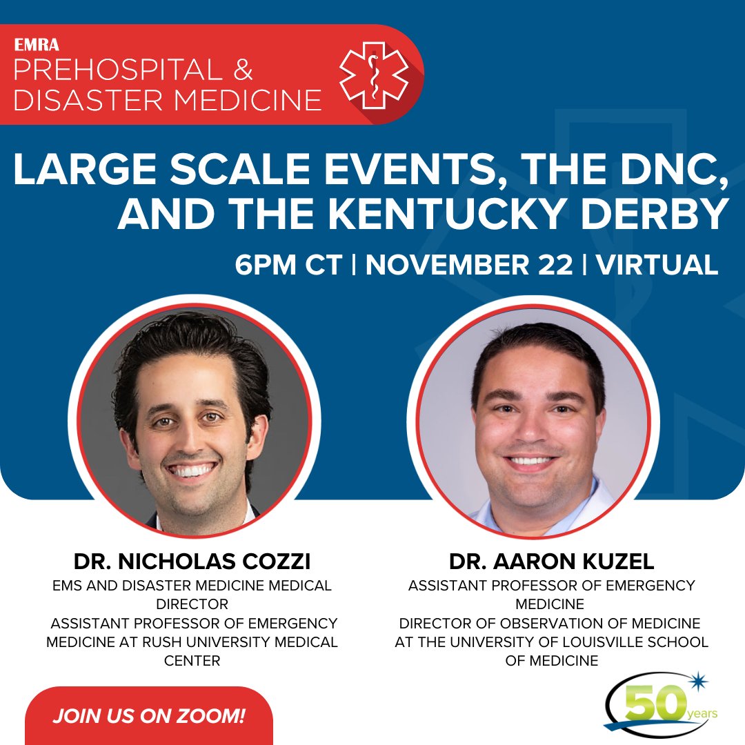 📣 Join <a href="/NickCozziMDMBA/">Nicholas Cozzi, MD, MBA</a> &amp; <a href="/DrKuzee/">Aaron Kuzel</a> on Nov. 22 at 6pm Central for a discussion that will help you understand the basics of EMS Physician oversight at large scale national events through the DNC and the Kentucky Derby.

Register here 👉 bit.ly/3YQy8SD

<a href="/emresidents/">emresidents</a>
