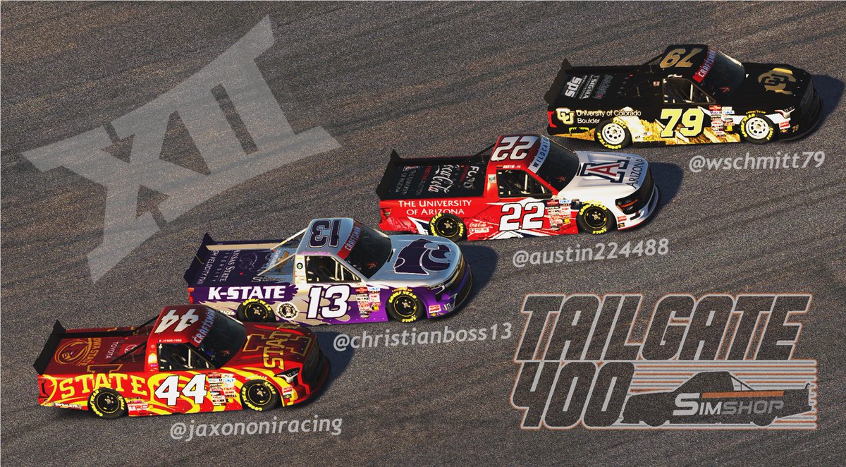 Aust1n224488's tweet photo. The big 12 is ready to race next Friday night! 
Catch me, @twitchtvChrist1, @wschmitt79, and @JaxonOnIracing racing for the win!
Watch the race LIVE on YouTube streamed by @IdkPlayer 
#Tailgate400 #simshop #thebig12 https://t.co/baE4rrsMg3