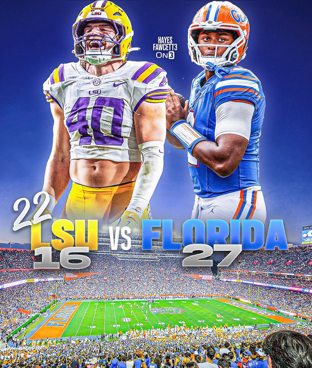 Hayesfawcett3's tweet photo. FLORIDA UPSETS #22 LSU 27-16

WHAT A WIN FOR NAPIER AND COMPANY 🐊 https://t.co/NBgUggDaH1
