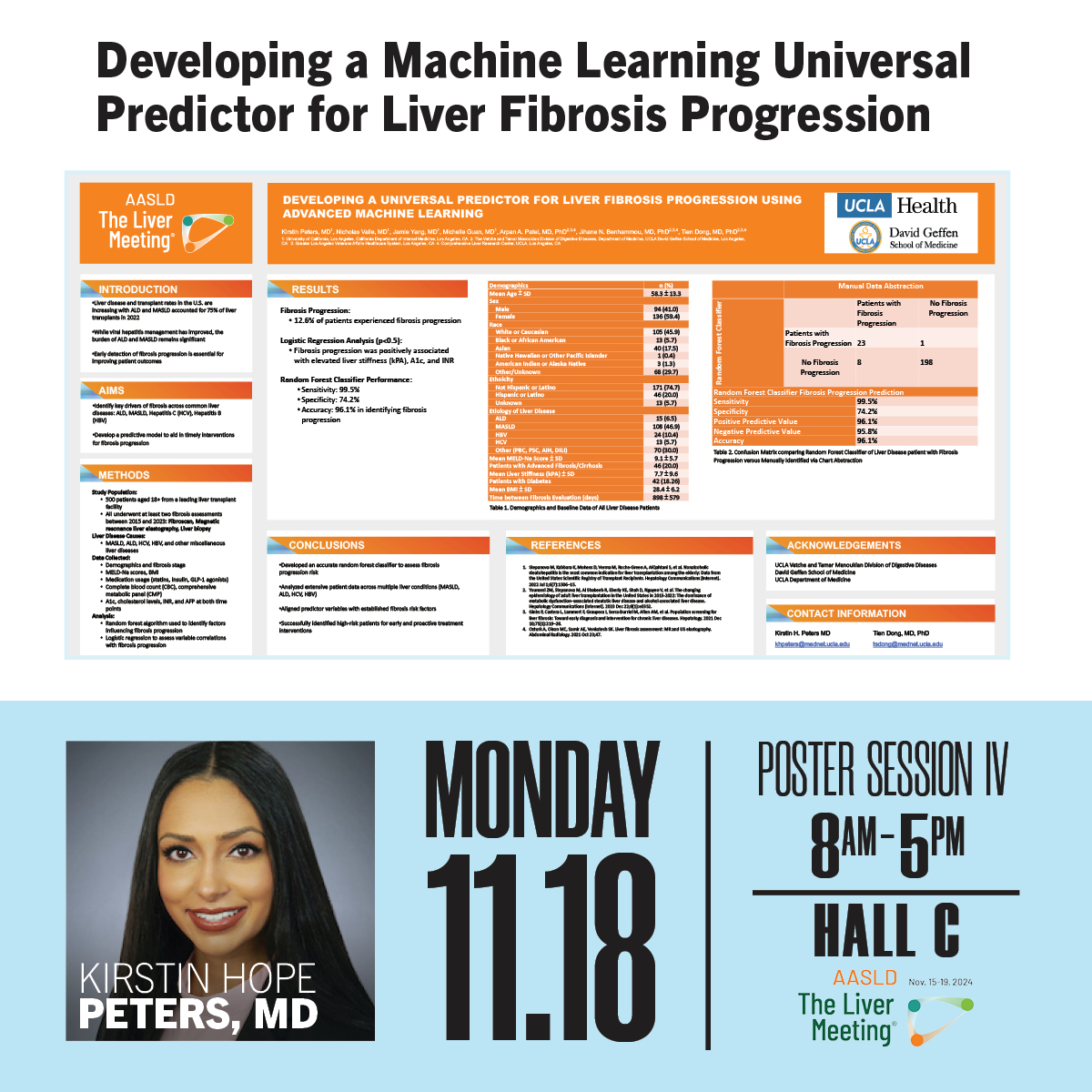 UCLA Gastroenterology and Hepatology (@uclagihep) on Twitter photo Developing a Universal Predictor for Liver Fibrosis Progression Using Advanced Machine Learning
👤Kirstin Hope Peters, MD (<a href="/KirPeters/">Kirstin Peters</a>)
👥Nicholas Valle <a href="/JamieYangMD/">Jamie O. Yang, MD</a> <a href="/Michelle8Guan/">Michelle Guan</a> <a href="/ArpanPatelMD/">Arpan Patel, MD PhD (he/him/his)</a> @JBenhammouMD <a href="/TienDongMD/">Tien Dong MD, PhD</a>
⏲️November 18, 8am-5pm
👉#TLM24 Poster Session IV, Hall C Developing a Universal Predictor for Liver Fibrosis Progression Using Advanced Machine Learning
👤Kirstin Hope Peters, MD (<a href="/KirPeters/">Kirstin Peters</a>)
👥Nicholas Valle <a href="/JamieYangMD/">Jamie O. Yang, MD</a> <a href="/Michelle8Guan/">Michelle Guan</a> <a href="/ArpanPatelMD/">Arpan Patel, MD PhD (he/him/his)</a> @JBenhammouMD <a href="/TienDongMD/">Tien Dong MD, PhD</a>
⏲️November 18, 8am-5pm
👉#TLM24 Poster Session IV, Hall C