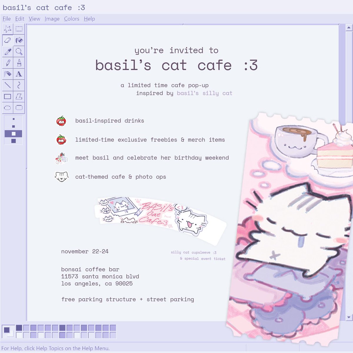 FlyQuest (@flyquest) on Twitter photo You're invited to Basil's Cat Cafe :3
๐๏ธ November 22nd (Fri.) - 24th (Sun.) | 12PM - 4PM
๐ Bonsai Coffee Bar
11573 Santa Monica Blvd, Los Angeles, CA 90025
More details below ๐๐ You're invited to Basil's Cat Cafe :3
๐๏ธ November 22nd (Fri.) - 24th (Sun.) | 12PM - 4PM
๐ Bonsai Coffee Bar
11573 Santa Monica Blvd, Los Angeles, CA 90025
More details below ๐๐