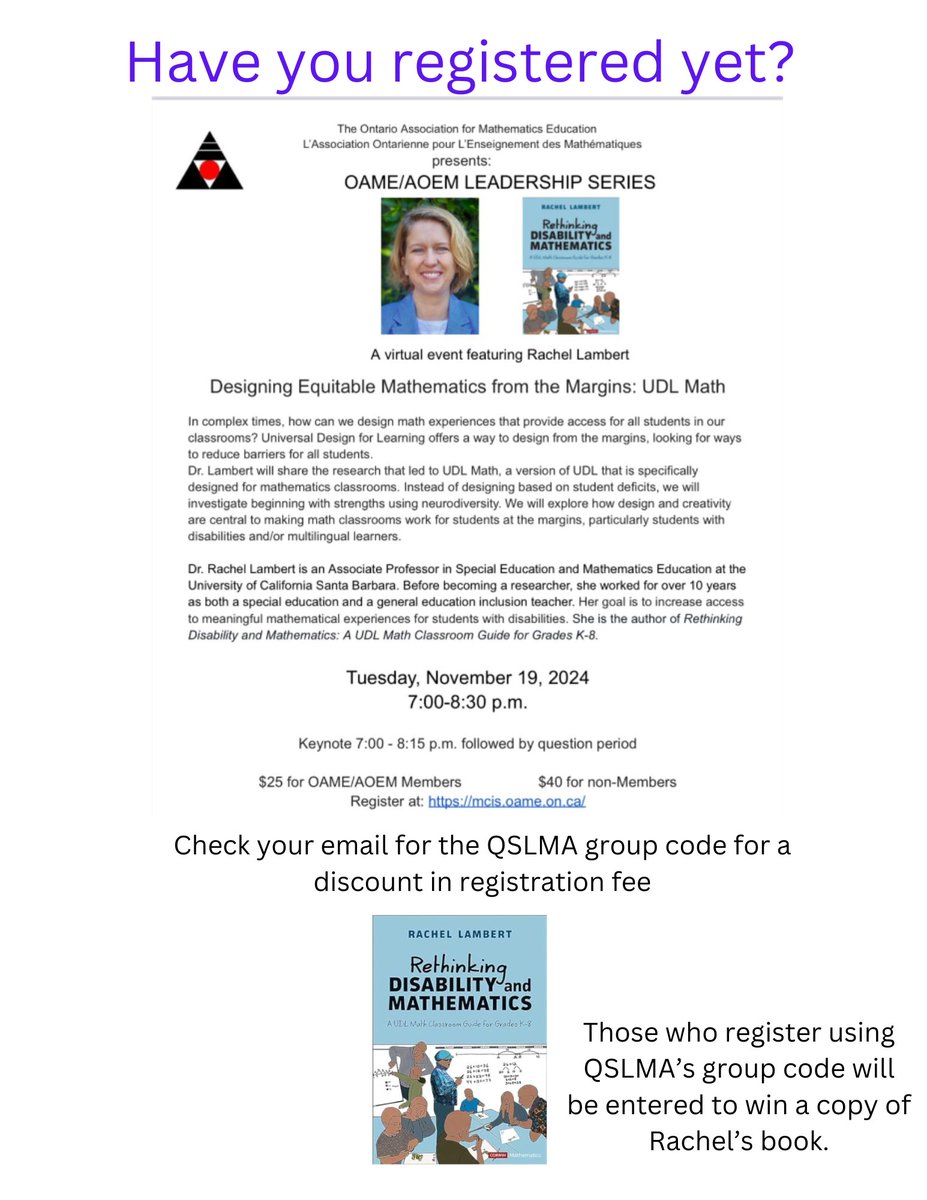 You're not too late to register. We will be drawing for copies of Rachel's book from QSLMA members who register using our group code.