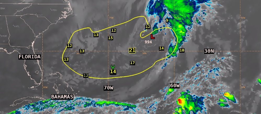 NHC_TAFB's tweet photo. Strong low pressure across the W #Atlantic continues to generate large N to NW swell moving into the area waters, with peak seas higher than 20 ft. #SofarOcean  buoys and #Saildrone obs show a large area of seas 12 ft and greater. This swell will reach 20N and then beyond on Sun. https://t.co/0yP6mnpO7d
