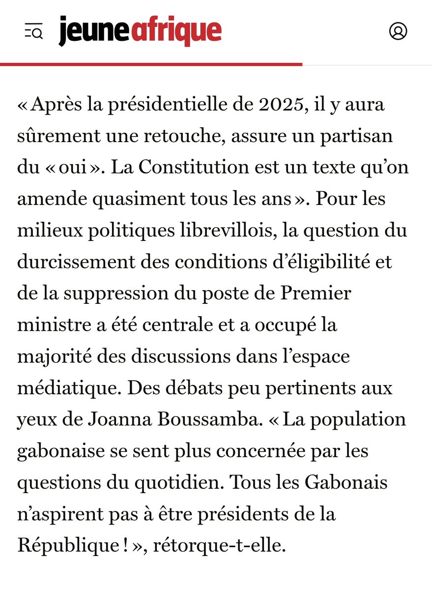 «La population #Gabon.aise se sent plus concernée par les questions du quotidien». C'est pourquoi durant la campagne pour le #referendum sur la  #Constitution nous n'avons cessé d'expliquer en quoi ce texte changera positivement la vie des gens.

A lire 👉🏾 jeuneafrique.com/1630956/politi…