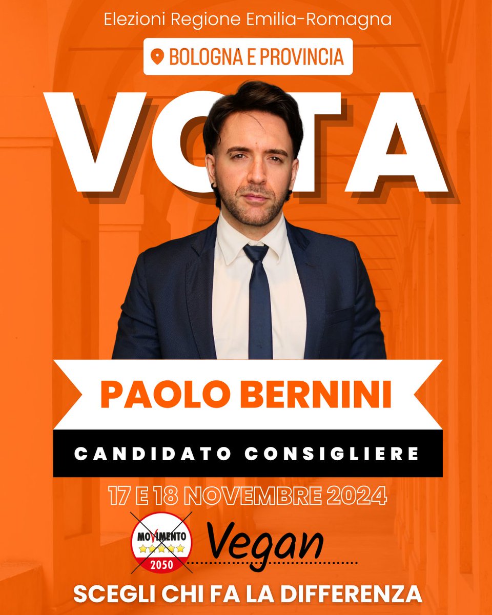 Sono CANDIDATO al Consiglio della Regione Emilia-Romagna, per le elezioni del 17 e 18 novembre, per portare una nuova voce: una voce che difenda i diritti di tutti gli esseri viventi.

🌱 Come votarmi?
È semplice: fai una X sul simbolo del MoVimento 5 Stelle e scrivi “VEGAN”.